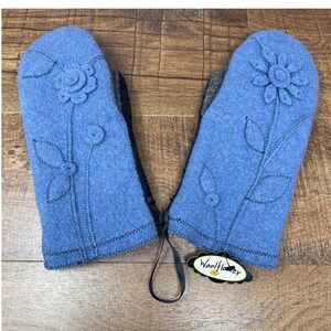 NWT Woolflower Cornflower Blue 100% Wool Mittens Floral Appliqué USA Made Lined